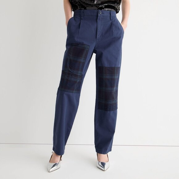 J.Crew pleated slouchy boyfriend chino pant with plaid/blackwatch patches sz 27 - Picture 2 of 3